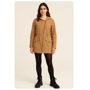 Staccato Hoodie Jacket Tan Pockets Drawstring Waist Roll Tab Sleeves Size S